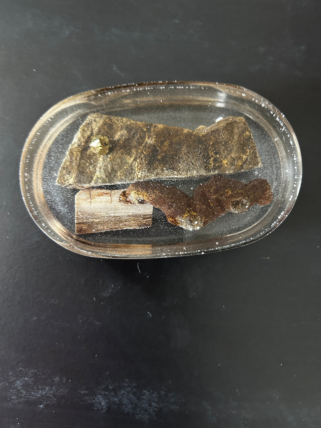 Grand Canyon Rock, Dinosaur Coprolite & Petrified Wood Oval Resin Paperweight – Miniature World with three geological time specimens in crystal-clear resin