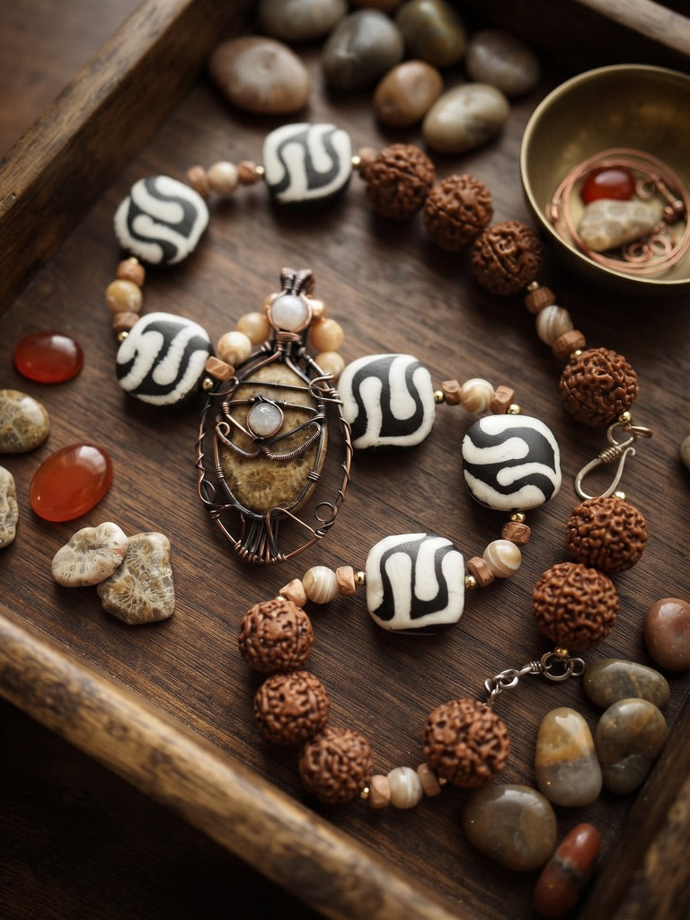 Earthen Roots and Sacred Geometry 23 inch necklace with dzi beads rudraksha and copper wire wrapped fossil coral pendant
