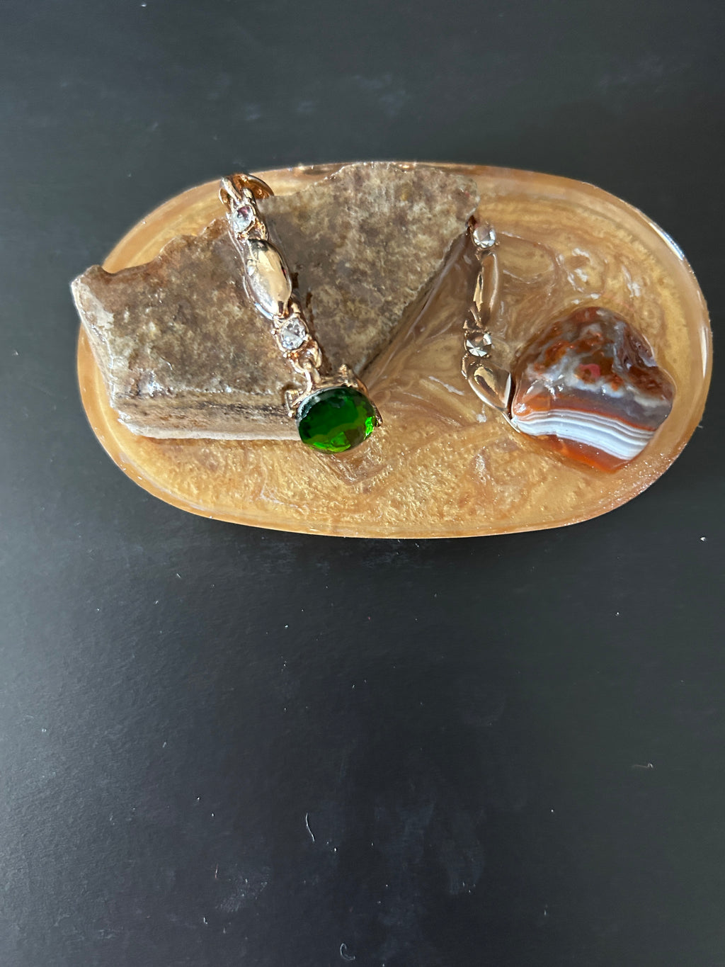 Grand Canyon Rock, Banded Agate & Emerald Bracelet Oval Resin Paperweight – Miniature World with authentic Grand Canyon sedimentary rock in honey amber resin