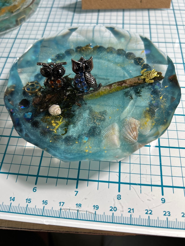 Two Owls & Sea Turtle Branch Resin Paperweight – Miniature World with jeweled owls perched on branch in sky blue resin