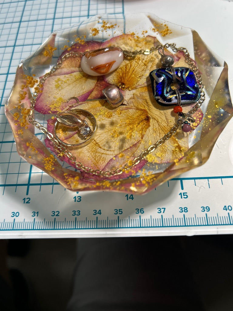 Rose Petal, Dichroic Glass & Crystal Ring Resin Paperweight – Miniature World with dried roses and dichroic glass pendant
