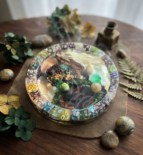 Millefiori Forest Floor Resin Paperweight – Miniature World styled on walnut wood with ferns and botanicals