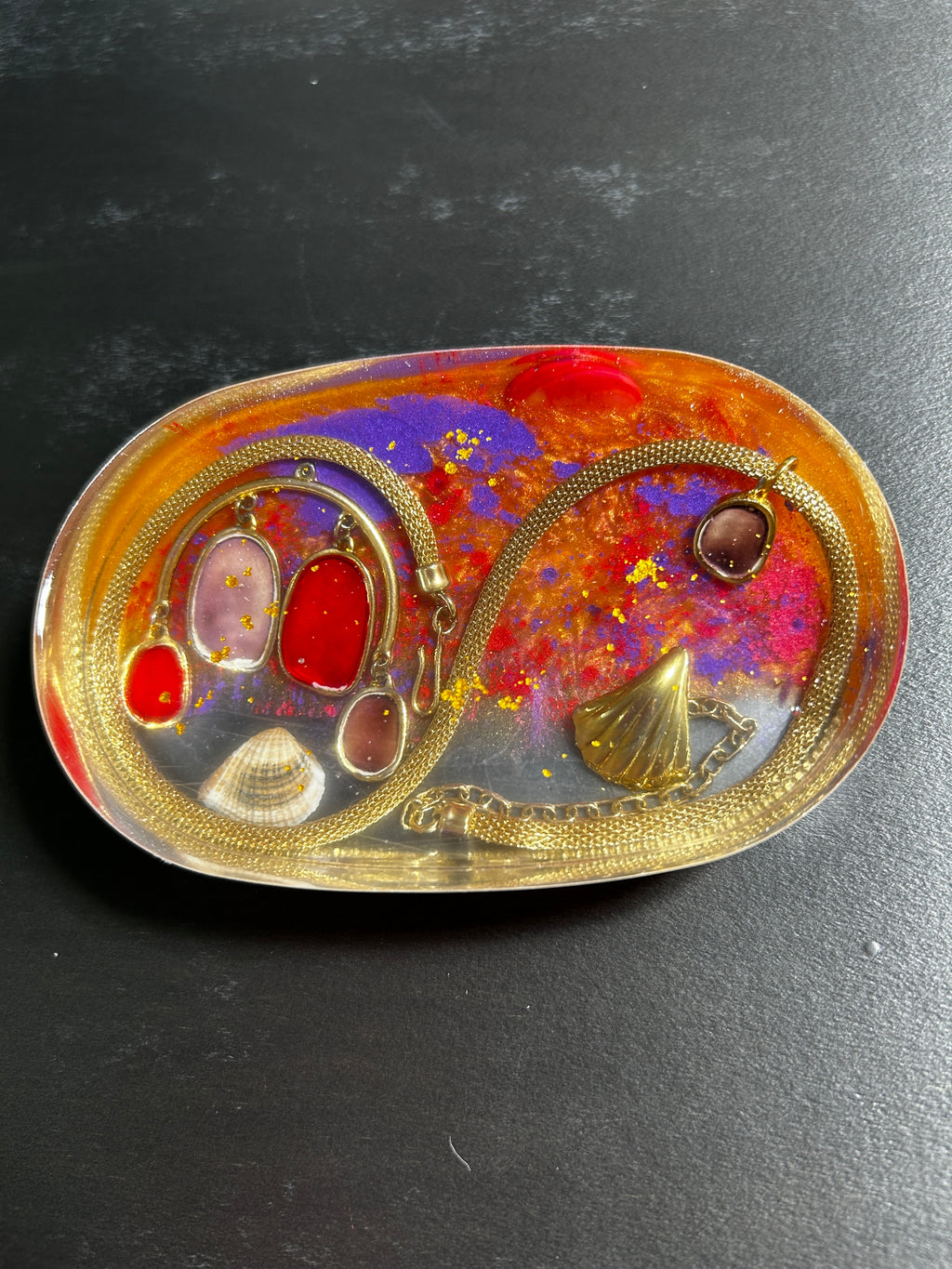 Fire Resin, Gold Mesh Chain & Garnet Oval Resin Paperweight – Miniature World with volcanic crimson purple resin and gold mesh chain