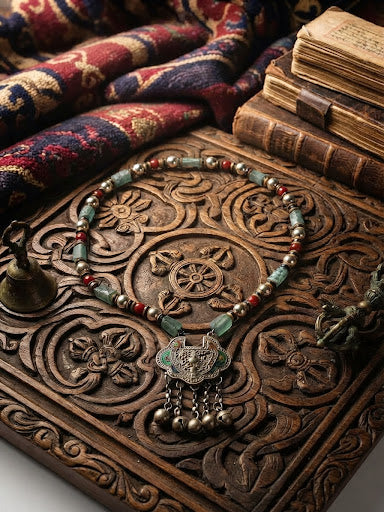 Himalayan Guardian 23 inch Tibetan necklace with silver amulet pendant on carved wooden box