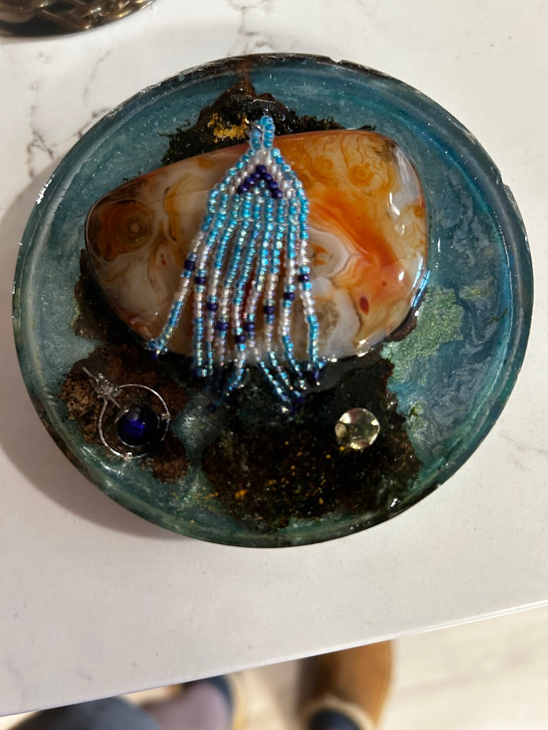 Agate & Beaded Fringe Ocean Resin Paperweight – Miniature World with teal resin and banded agate