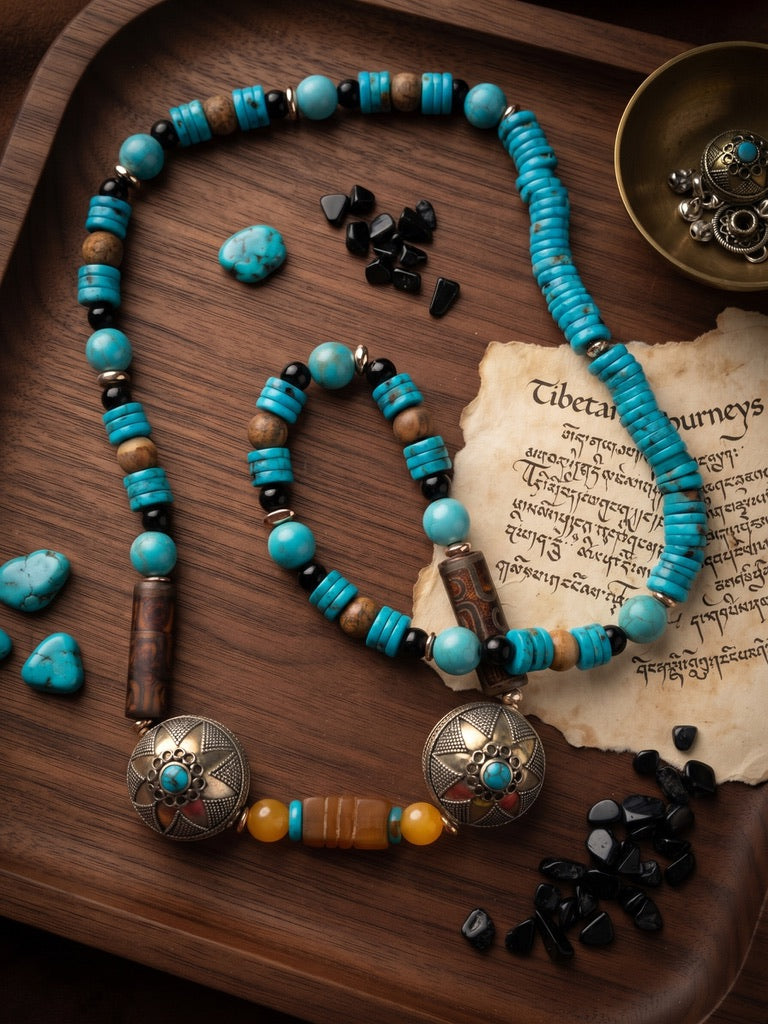 Tibetan Turquoise Heritage 26 inch necklace with turquoise heishi discs onyx and Tibetan silver medallion beads