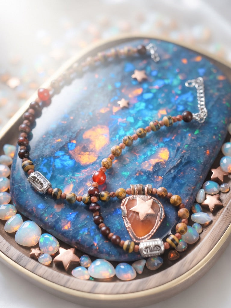 Celestial Constellation 21 inch necklace with carnelian star copper pendant on iridescent opal slab