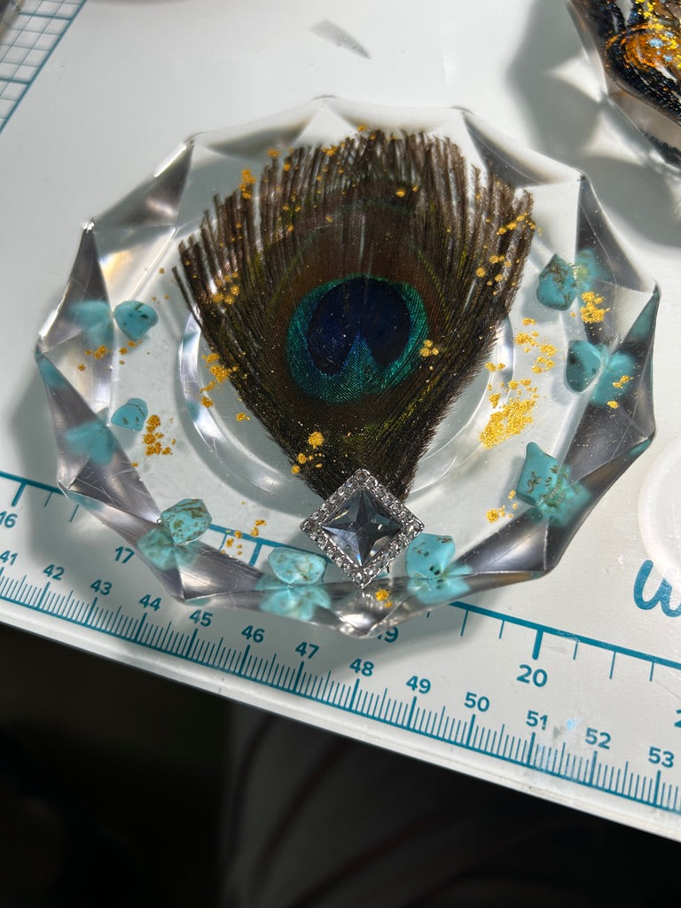 Peacock Feather, Turquoise & Gold Resin Paperweight – Miniature World with real peacock feather and turquoise stones