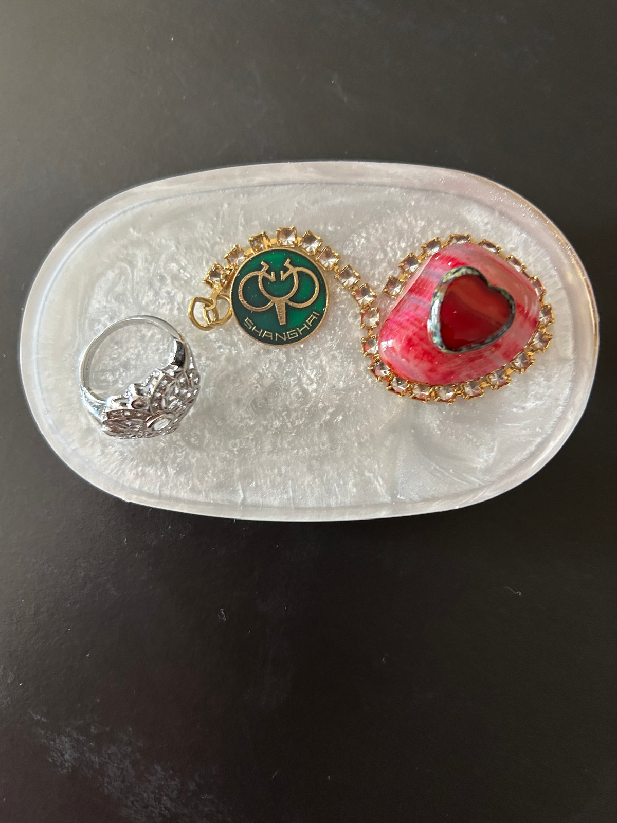 Shanghai Medallion, Heart & Silver Ring Oval Resin Paperweight – Miniature World with Shanghai city medallion and crystal heart in pearl white resin