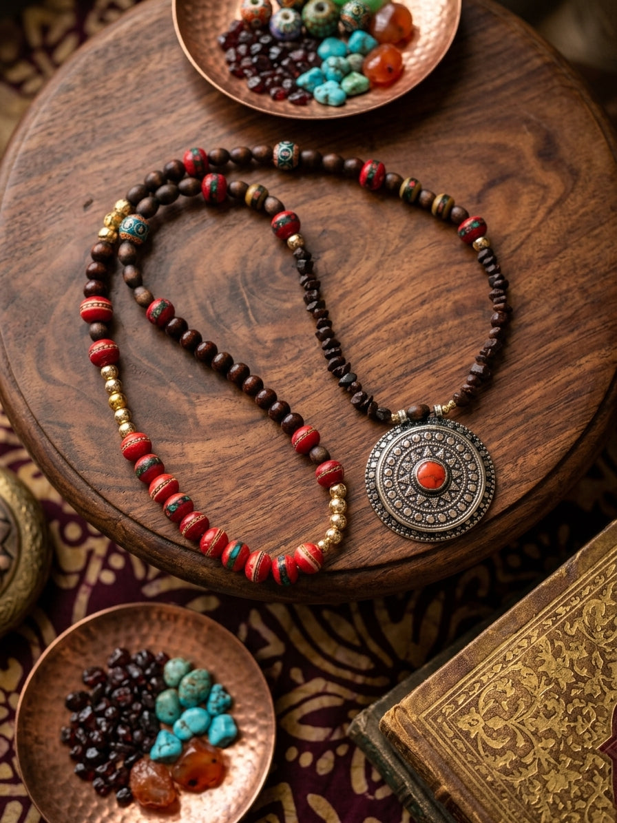 Earth and Ember necklace on wooden surface