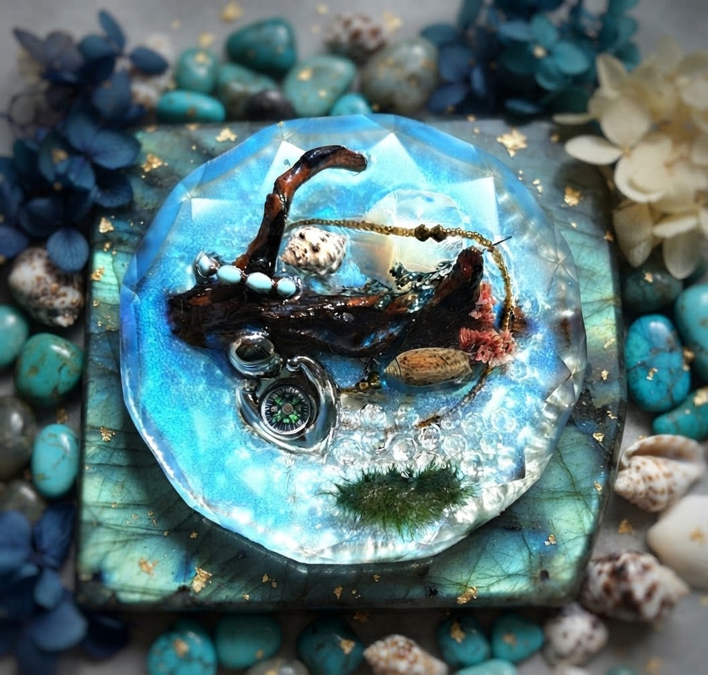 Mariner’s Cove blue faceted paperweight with shells, turquoise-colored beads, dark sculptural forms, and a silver-toned compass detail