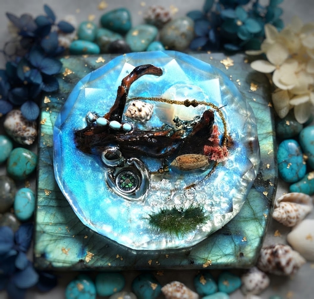 Mariner’s Cove blue faceted paperweight with shells, turquoise-colored beads, dark sculptural forms, and a silver-toned compass detail