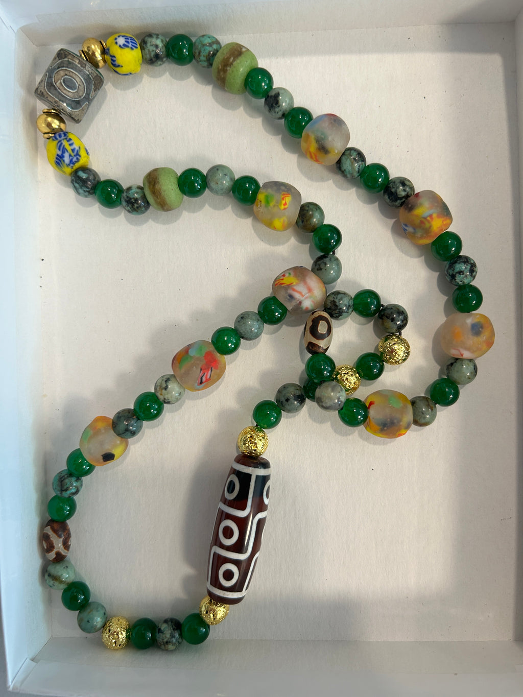 No. 47 Jade & Dzi Caravan necklace in box