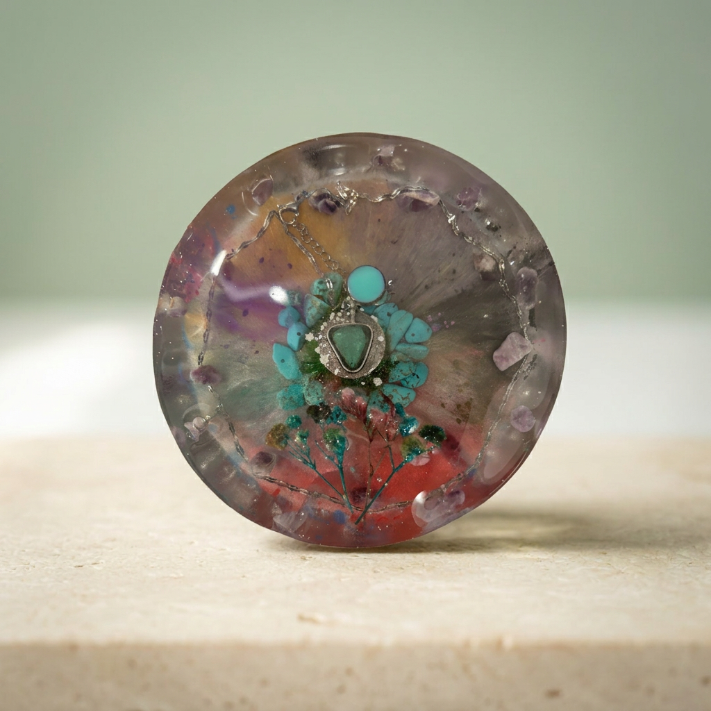 Turquoise Blossom paperweight with a green triangular centerpiece, turquoise-colored chips and a beaded sprig on a light background
