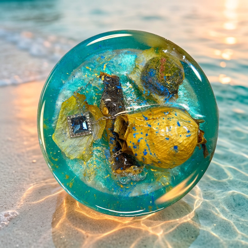 Tidal Rose resin paperweight on a tropical lagoon at sunrise background with crystal teal water, white sand and warm golden light