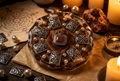 Silver Scroll Mandala Goldstone & Pearl Circle Resin Paperweight in sacred ceremonial altar candlelight editorial scene