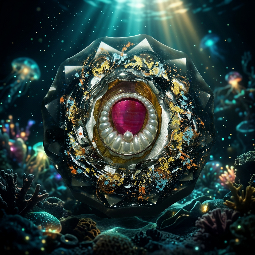 Black Pearl Abyss resin paperweight on moonlit bioluminescent deep ocean background with glowing teal and gold light rays piercing black water