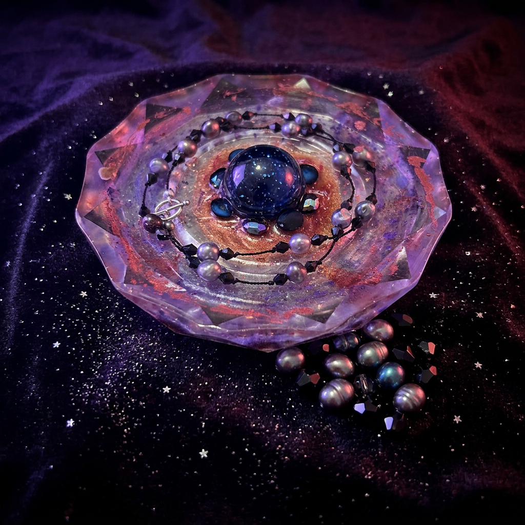 Dark galaxy paperweight styled on midnight black velvet with scattered pearls and cosmic violet lighting