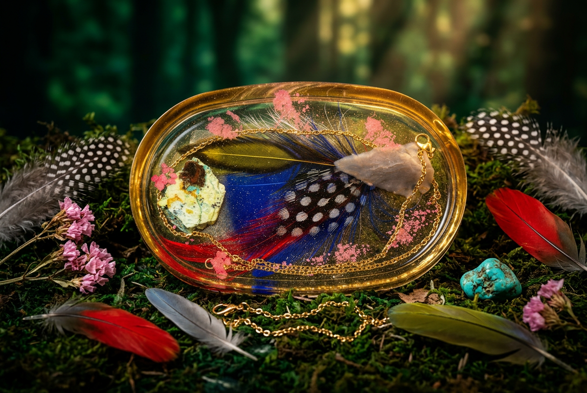 Guinea Fowl Feather Pink Botanicals & Gold Chain Oval Resin Paperweight in exotic forest festival dappled light editorial scene