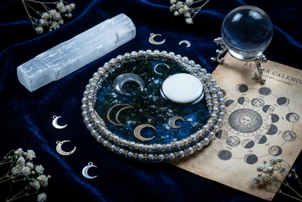 Lunar Calendar Crystal Orb & Selenite Moon Circle Resin Paperweight in midnight celestial moonlight editorial scene