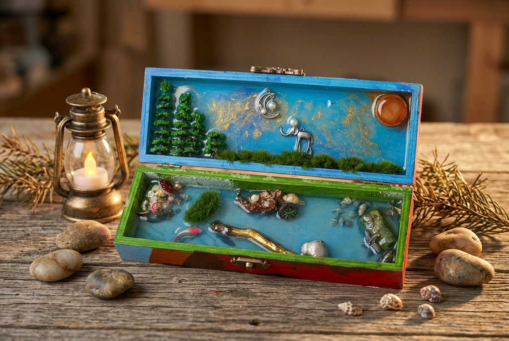Forest Moon & Ocean Floor Diorama Box in woodland and lantern editorial scene