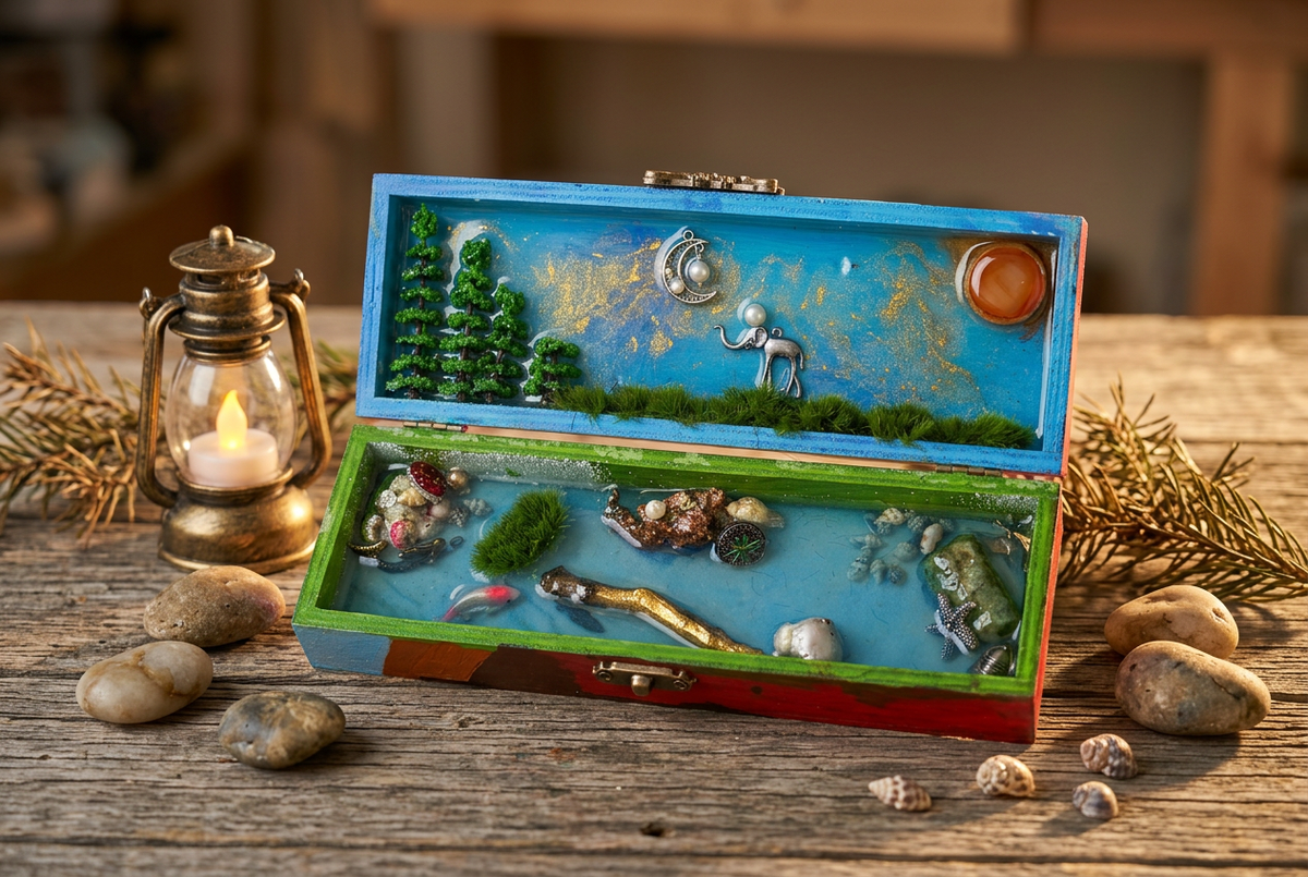 Forest Moon & Ocean Floor Diorama Box in woodland and lantern editorial scene