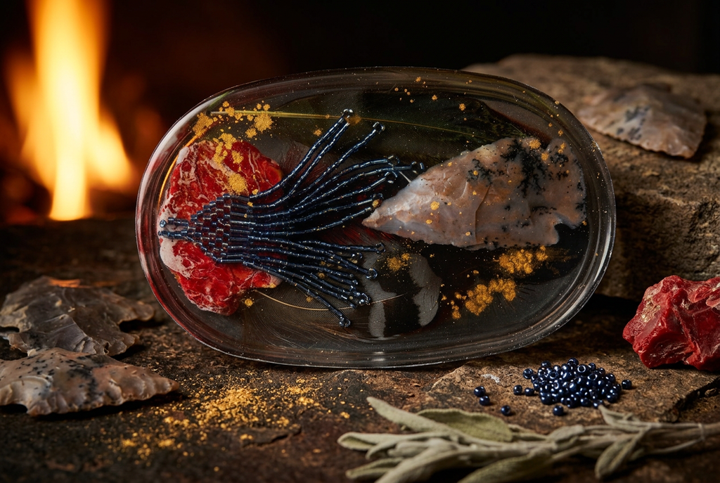 Arrowhead Red Coral & Ceremonial Fringe Oval Resin Paperweight in ancient dark earth firelight editorial scene