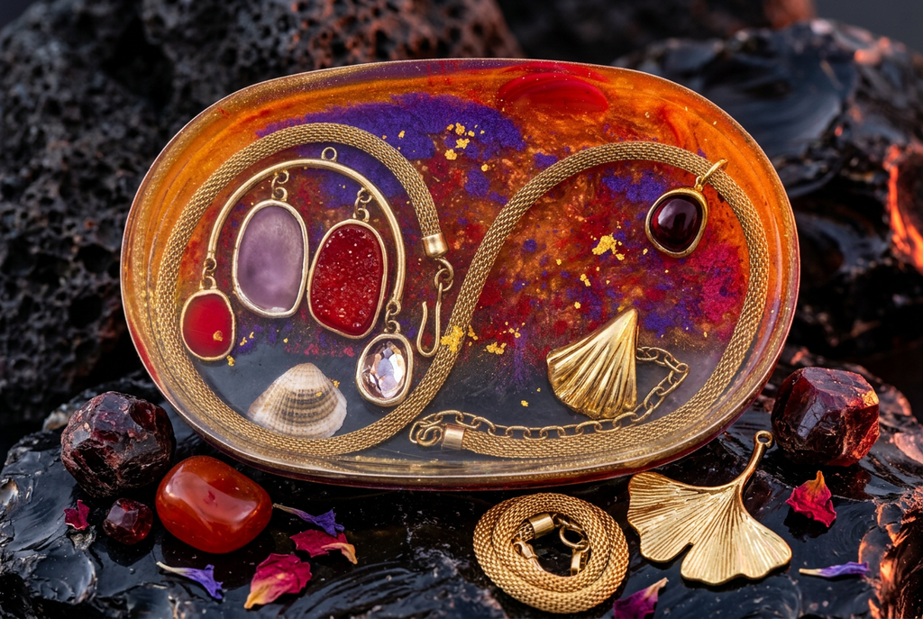 Fire Resin Gold Mesh Chain & Garnet Oval Resin Paperweight in volcanic dragon hoard fiery sunset editorial scene