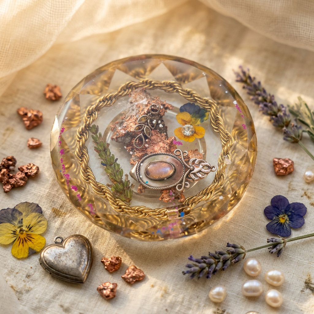 Copper Pansy & Moonstone Garden Resin Paperweight in Victorian botanical garden editorial scene