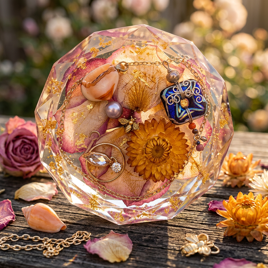 Rose Petal Dichroic Glass & Crystal Ring Resin Paperweight in romantic golden hour garden editorial scene