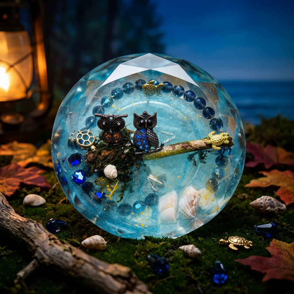 Two Owls & Sea Turtle Branch Resin Paperweight in enchanted moonlit forest twilight editorial scene