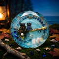 Two Owls & Sea Turtle Branch Resin Paperweight in enchanted moonlit forest twilight editorial scene