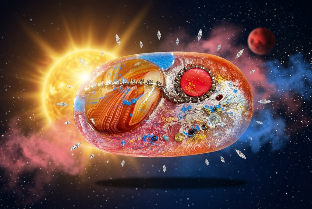 Banded Agate Sun Diamond Rays & Starburst Oval Resin Paperweight in deep cosmic space solar corona editorial scene