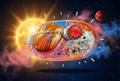 Banded Agate Sun Diamond Rays & Starburst Oval Resin Paperweight in deep cosmic space solar corona editorial scene