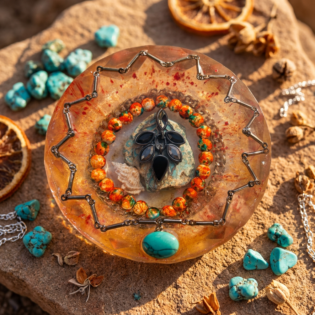 Aquamarine Star & Orange Orbit Resin Paperweight styled in desert sandstone scene