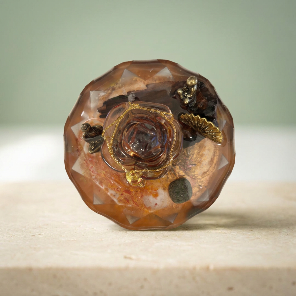 Amber Sanctuary paperweight with rose-shaped centerpiece, gold-toned chains, small figurines and decorative fan on a light background
