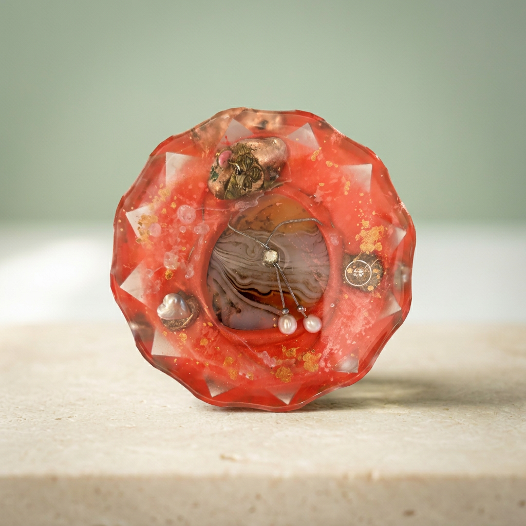 Coral Serenade paperweight with banded oval centerpiece, pearl-like accents and silver-toned chain on a light background