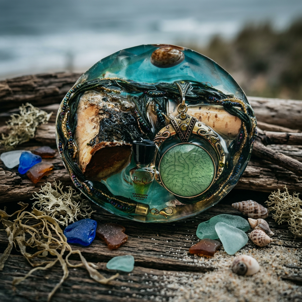 Jade Tide & Beaded Shore Resin Paperweight styled in bohemian ocean scene