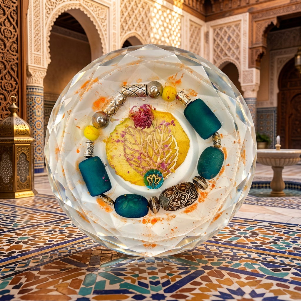 Desert Bloom resin paperweight on a Moroccan courtyard at golden hour background with warm terracotta light, mosaic tile floor and carved archways