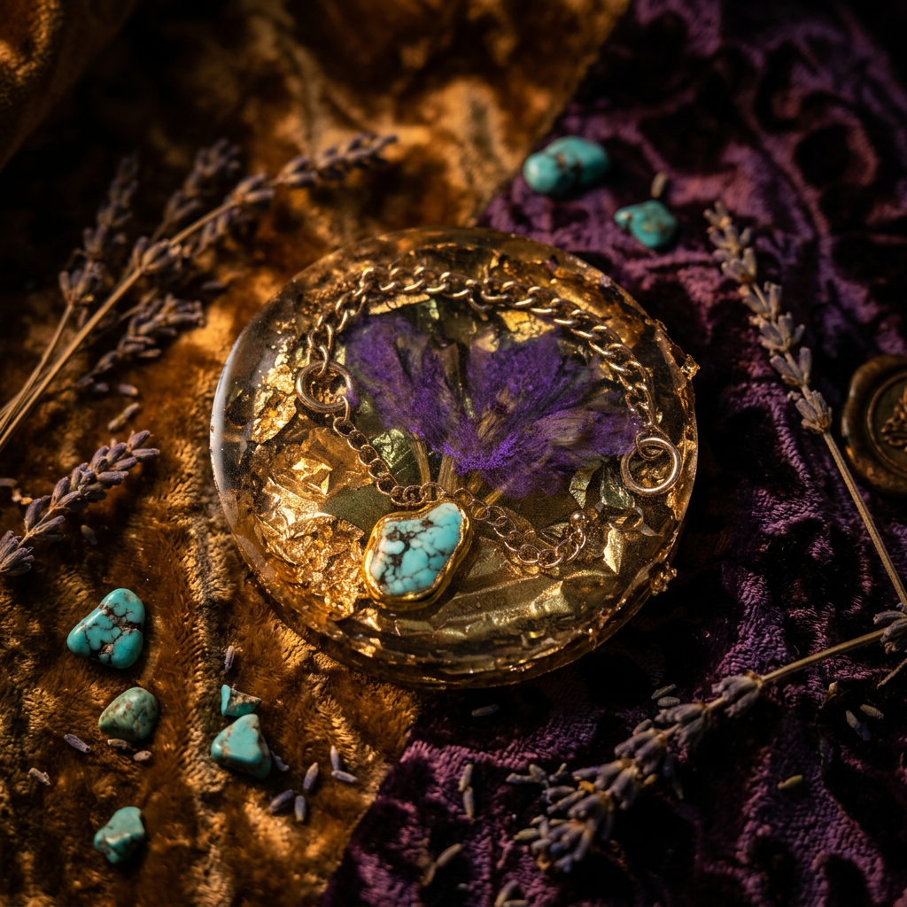 Gold resin paperweight with purple botanicals styled on dark gold velvet with lavender sprigs and amber lighting