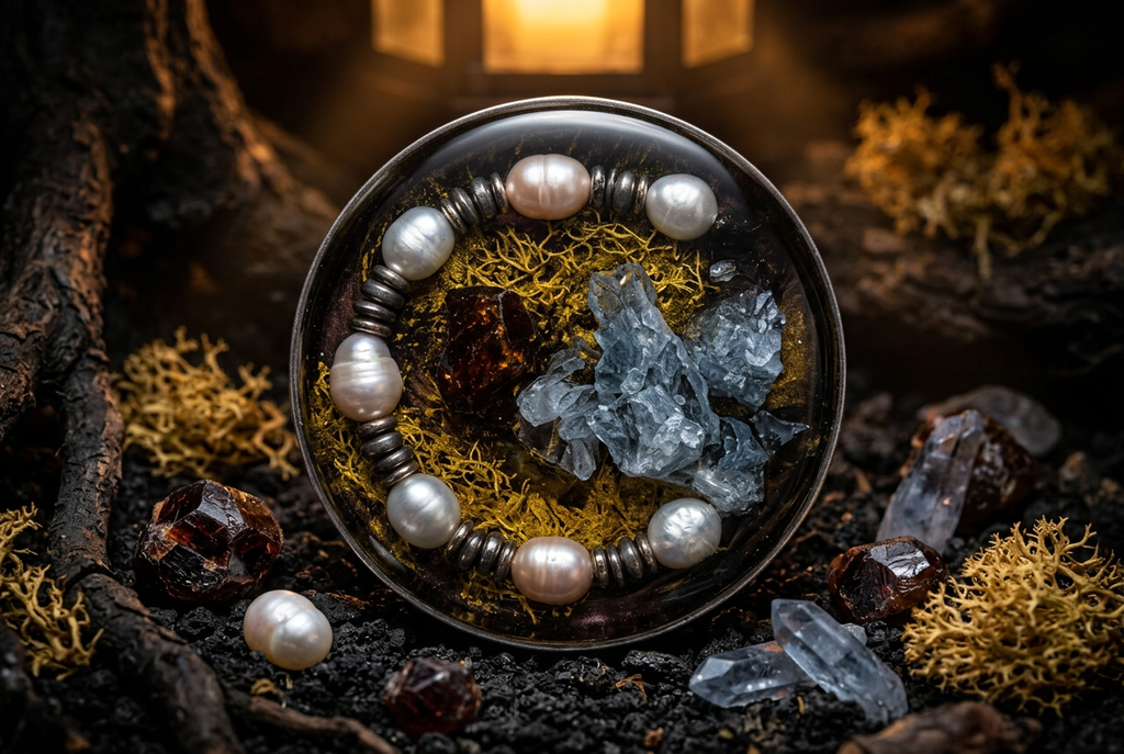 Baroque Pearl Ring Raw Crystal & Gold Moss Circle Resin Paperweight No. 50 in ancient alchemical dark forest amber lantern editorial scene