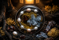 Baroque Pearl Ring Raw Crystal & Gold Moss Circle Resin Paperweight No. 50 in ancient alchemical dark forest amber lantern editorial scene