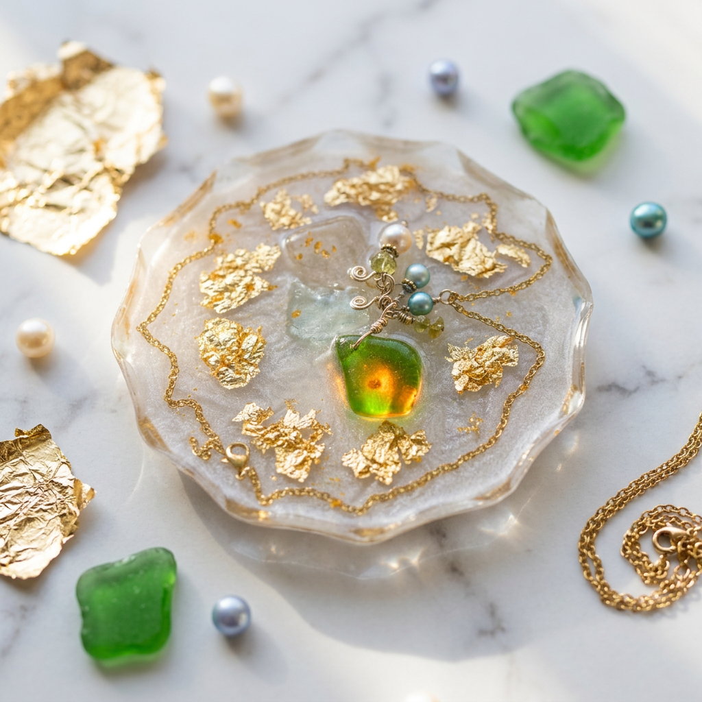 Sea Glass Pearl & Gold Leaf Resin Paperweight in romantic coastal morning light editorial scene