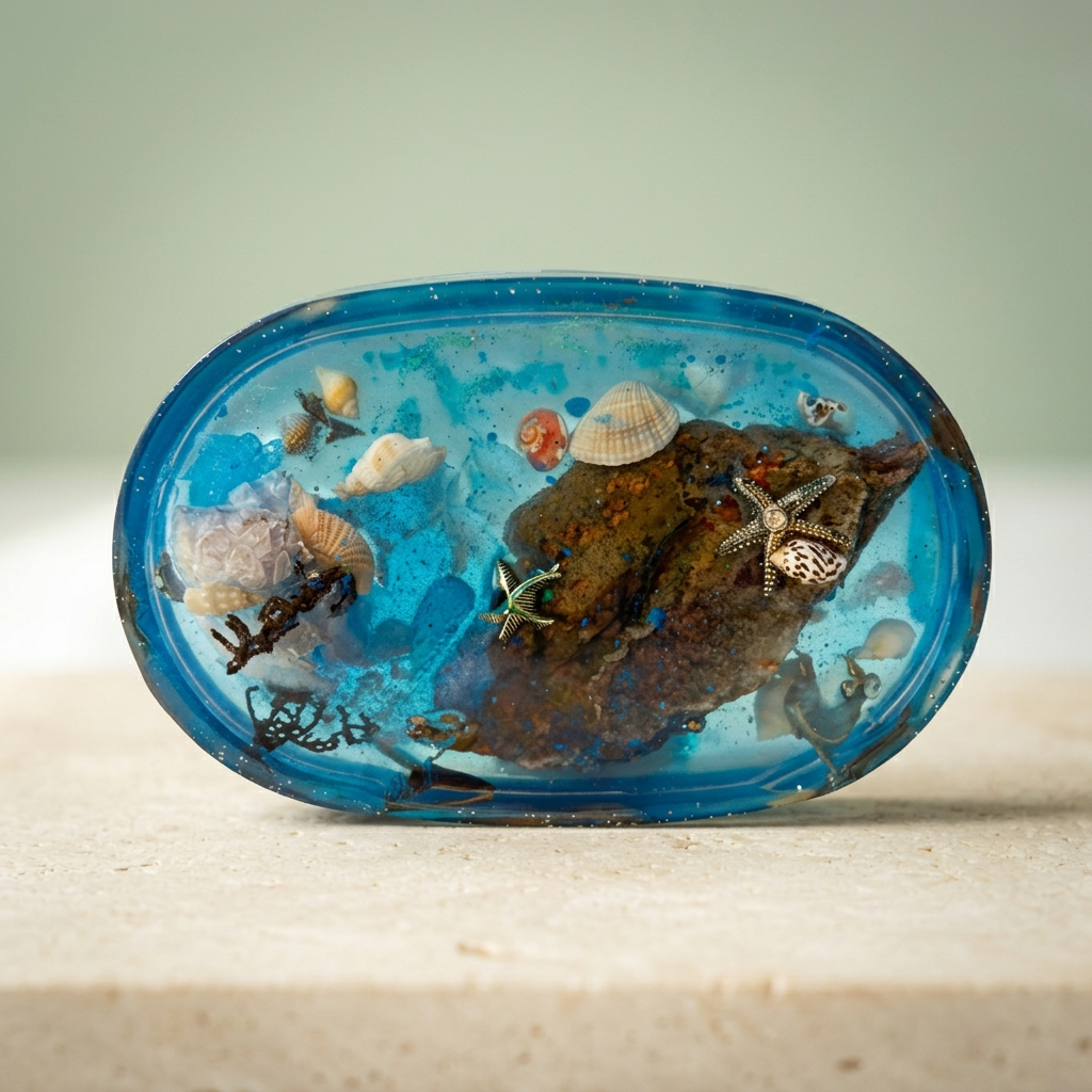 Tidal Treasures blue oval paperweight with shells, silver-toned sea-inspired charms and textured brown inclusion on a light background