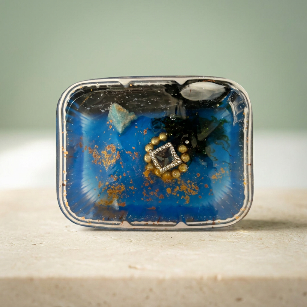 Midnight Azure blue rectangular paperweight with silver-toned square centerpiece and golden accents on a light background
