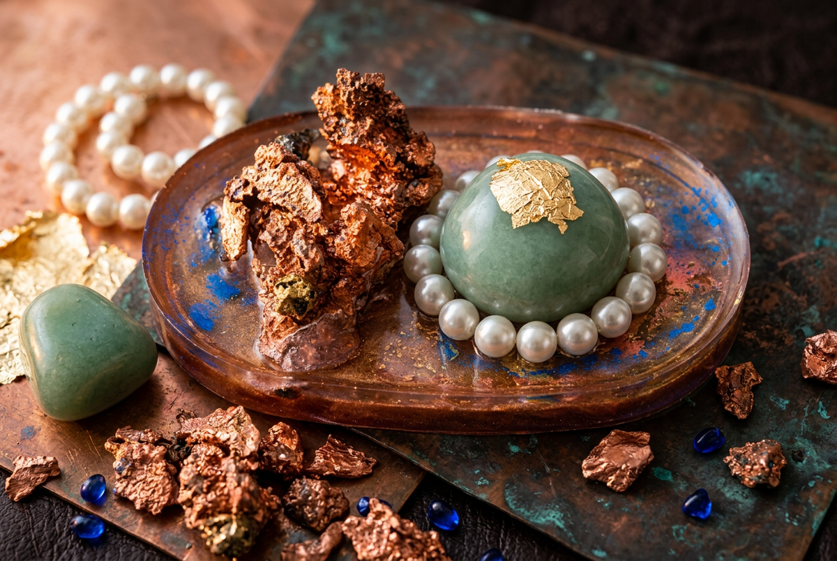 Raw Copper Jade & Pearl Ring Oval Resin Paperweight in warm copper metallic light editorial scene