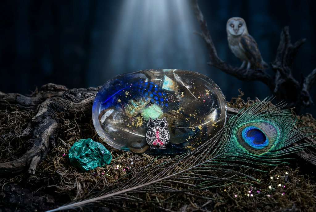 Midnight Owl Peacock Feather & Malachite Oval Resin Paperweight in nocturnal moonlit ancient forest editorial scene