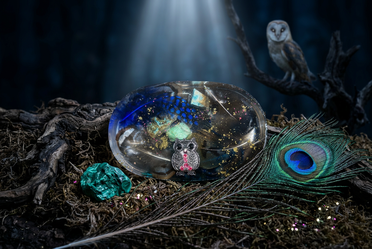 Midnight Owl Peacock Feather & Malachite Oval Resin Paperweight in nocturnal moonlit ancient forest editorial scene
