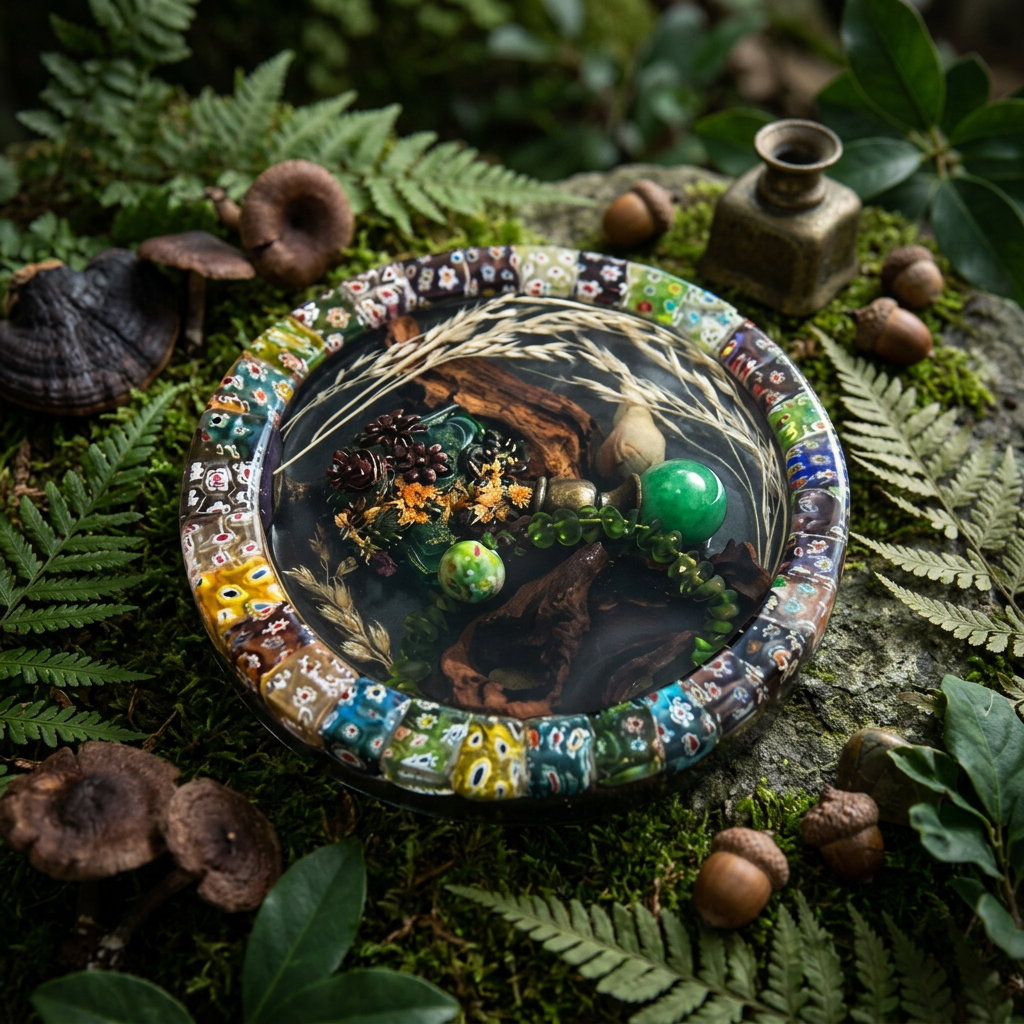Millefiori Forest Floor Resin Paperweight in enchanted forest floor editorial scene