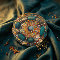 Teal cosmos bead paperweight styled on dark teal silk fabric with scattered seed beads, dried botanicals, and warm golden lighting